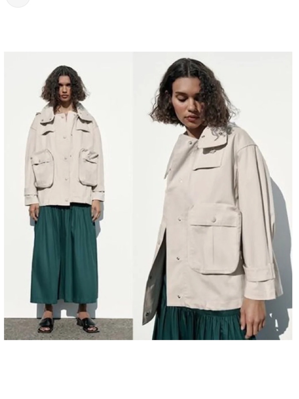 Zara Cream Hooded Utility Jacket with Front Flap Pockets- Limited Edition